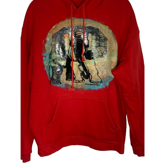 Elephant Hand Painted Unisex Size XL Hoodie Hooded Sweatshirt Red Delta Fleece - Picture 2 of 11
